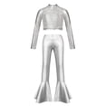 thumbnail image 3 of TSSOE Girls Metallic Disco Theme Party Prom Outfits Long Sleeve Crop Top with Bell-Bottom Pants Jazz Performance Dancewear Silver 10, 3 of 7