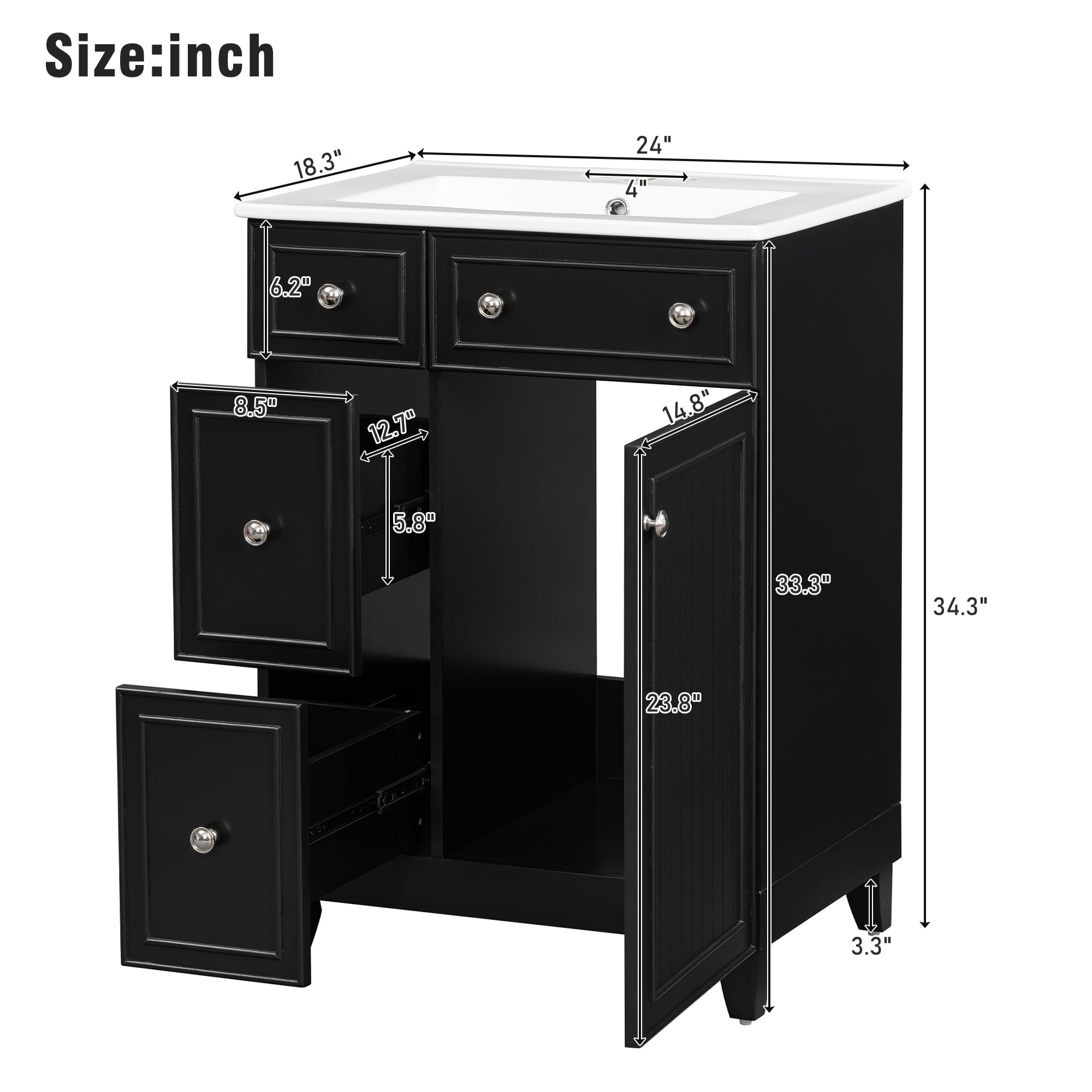 Homy Casa 24 Inch Bathroom Vanity with Sink, Ceramic Top, Drawers and Doors, Black