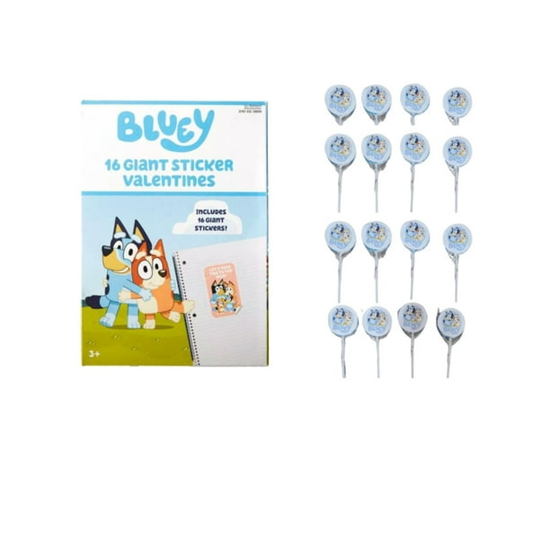 Bluey 16 Valentines Day Cards with 16 large stickers and 16 Lollipops