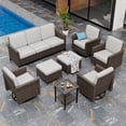 thumbnail image 3 of EAGLE PEAK Ocean Vista 8 piece Patio Variated Brown Wicker Conversation Sofa Set Swivel Chairs, Beige Cushions, 3 of 11