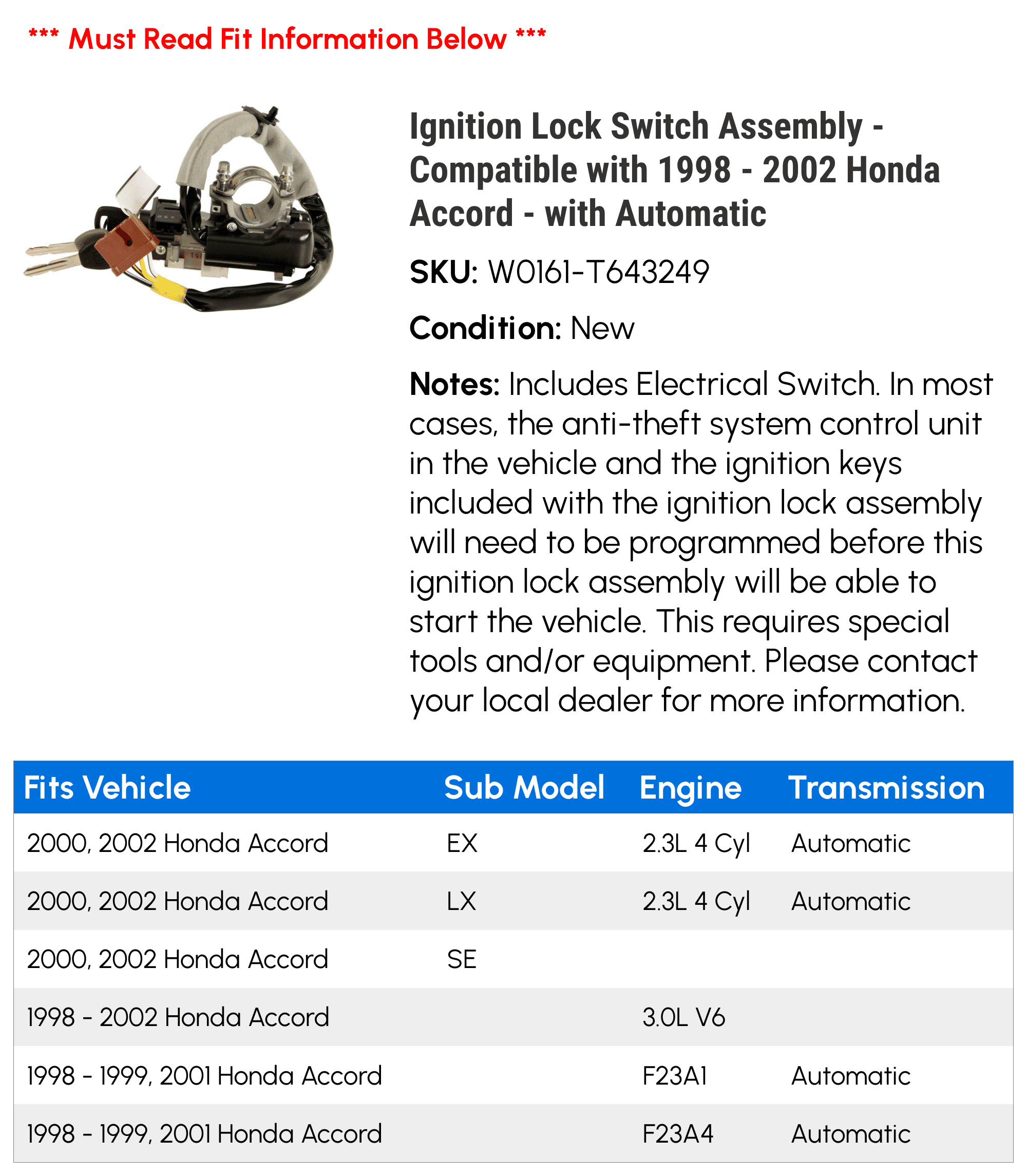 Ignition Lock Switch Assembly - Compatible with 1998 - 2002 Honda Accord - with Automatic 1999 2000 2001