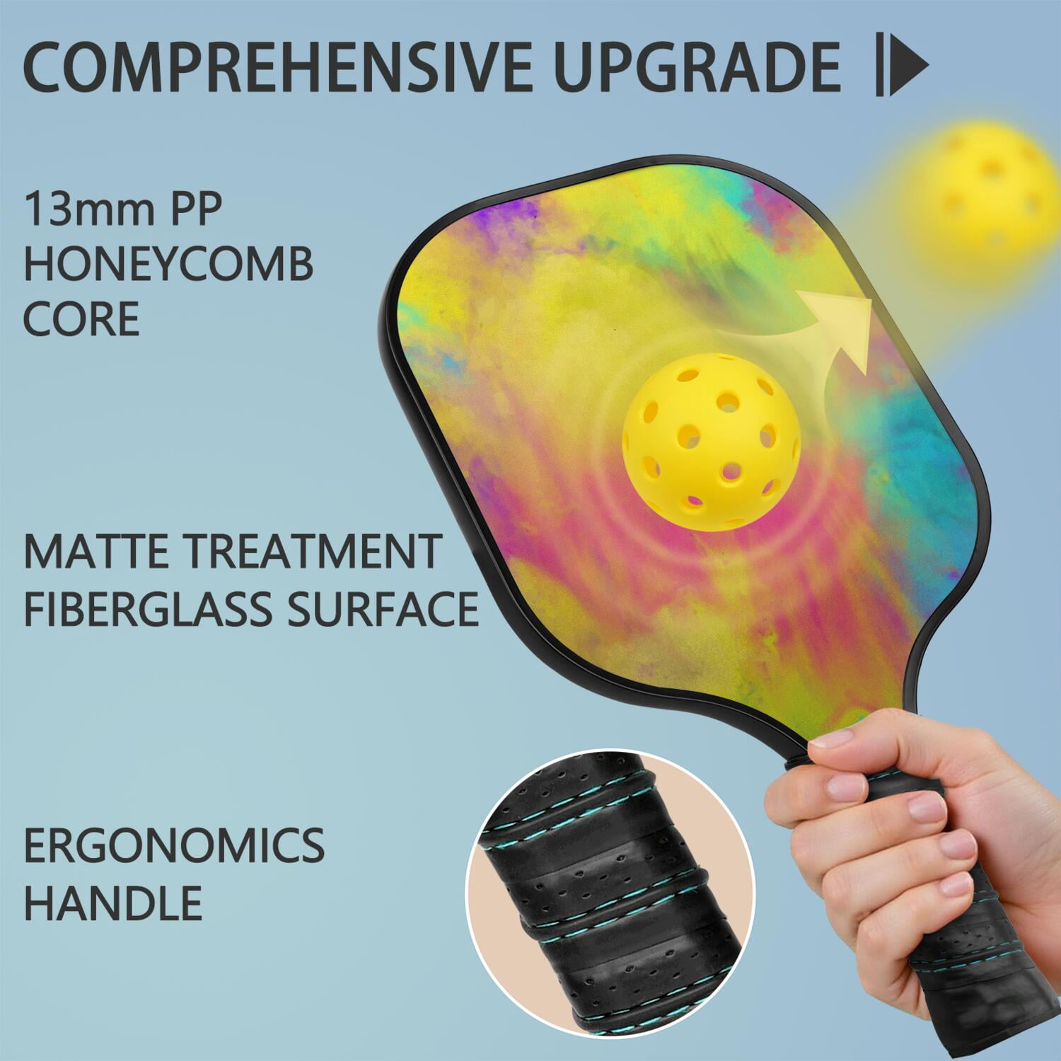 Pickleball Paddles Set Of 2, Fiberglass Surface, Fluid Smoke Aurora Art Style, 4 Balls & Bag