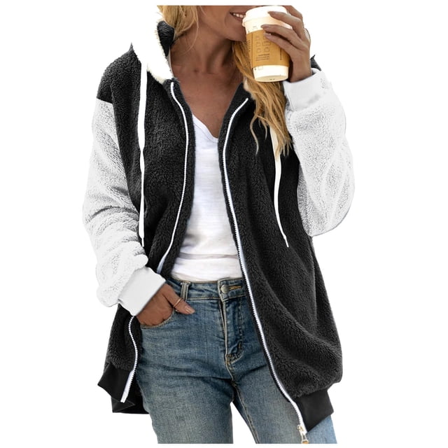 Manteau Contrasté pour Femmes Manteau Mi-Long Moelleux Cardigan à Capuche Mode Automne Manches Longues