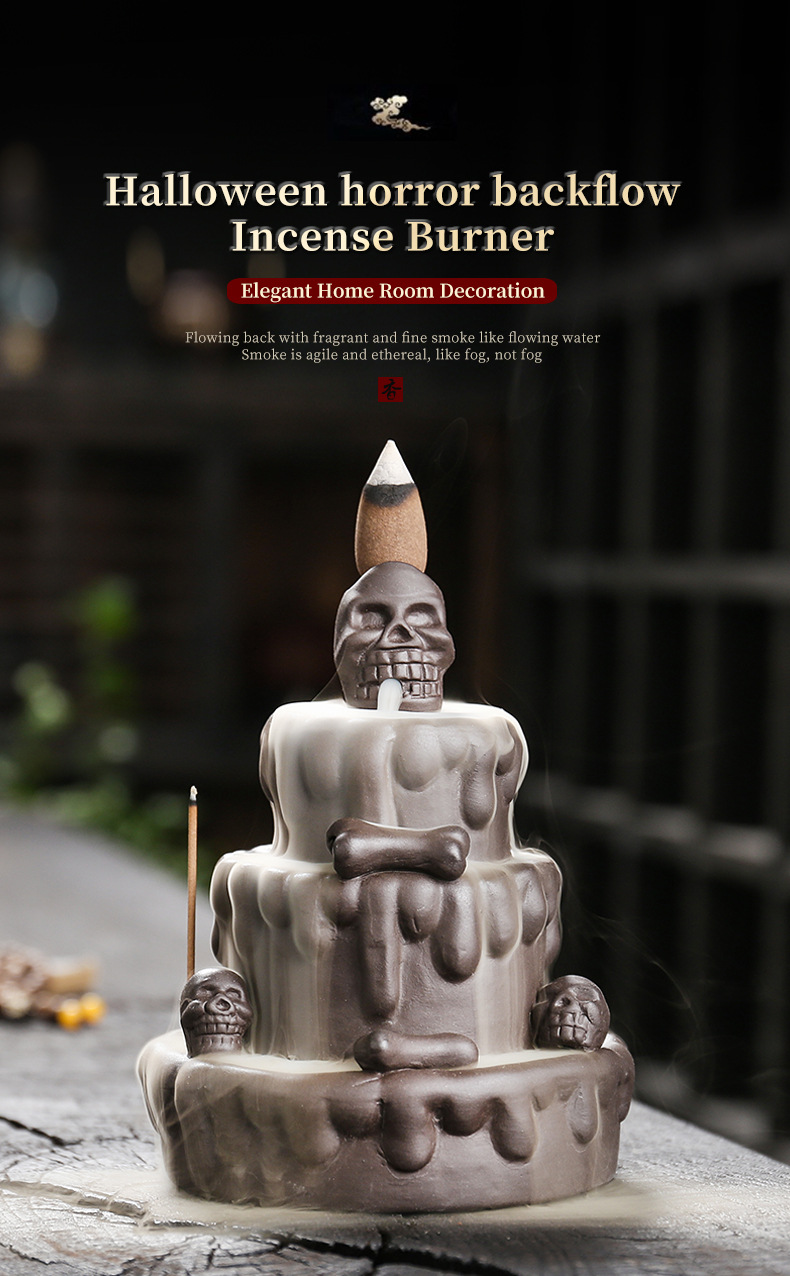 Cake Skull Backflow Incense Burner Skull Cake Incense Stick Holder Flow Censer Skull Cake Incense Stick Organizer Flowing Waterfall Incense Burner for Home Office Decors