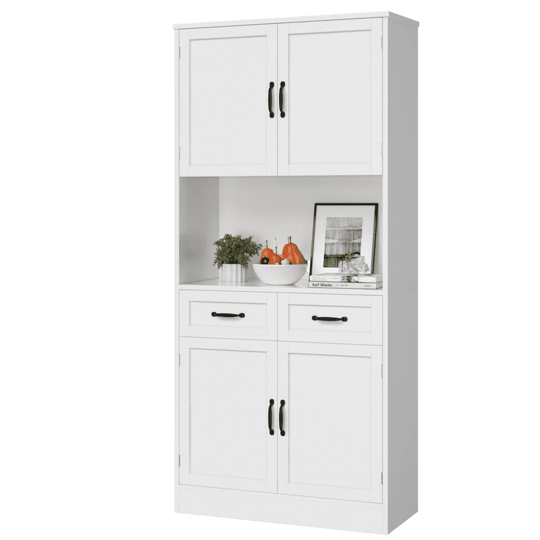 Homfa 71 Farmhouse Kitchen Pantry Storage Cabinets with 2 Drawers and Adjustable Shelves Wood Tall Hutch Storage Cabinet for Dining Room White