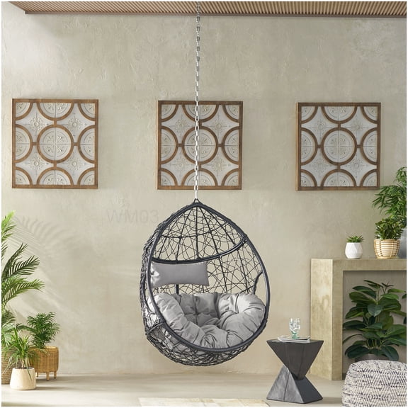 Waterproof Hanging Pod Chair with 8FT Chain - Grey Black PE Wicker for Porch & Garden