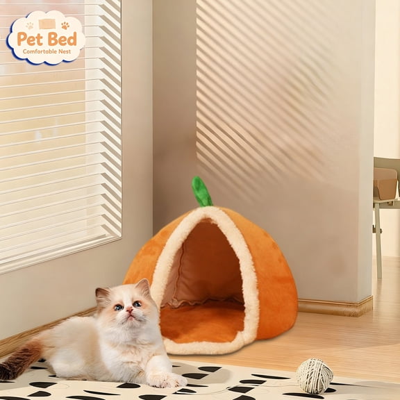 Tryvkinvive Pumpkin Shape Enclosed Cat Cave Bed,Soft Plush Fruit-Style Pet Hut,Warm Cozy Sleeping Nest for Cats Small Dogs,Indoor Pet Accessory