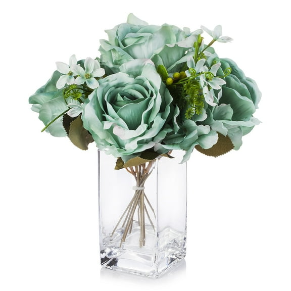 Enova Home Artificial Flowers Mixed Silk Roses Fake Flowers Arrangement in Rectangle Glass Vase with Faux Water for Home Office Wedding Decoration (Aqua)