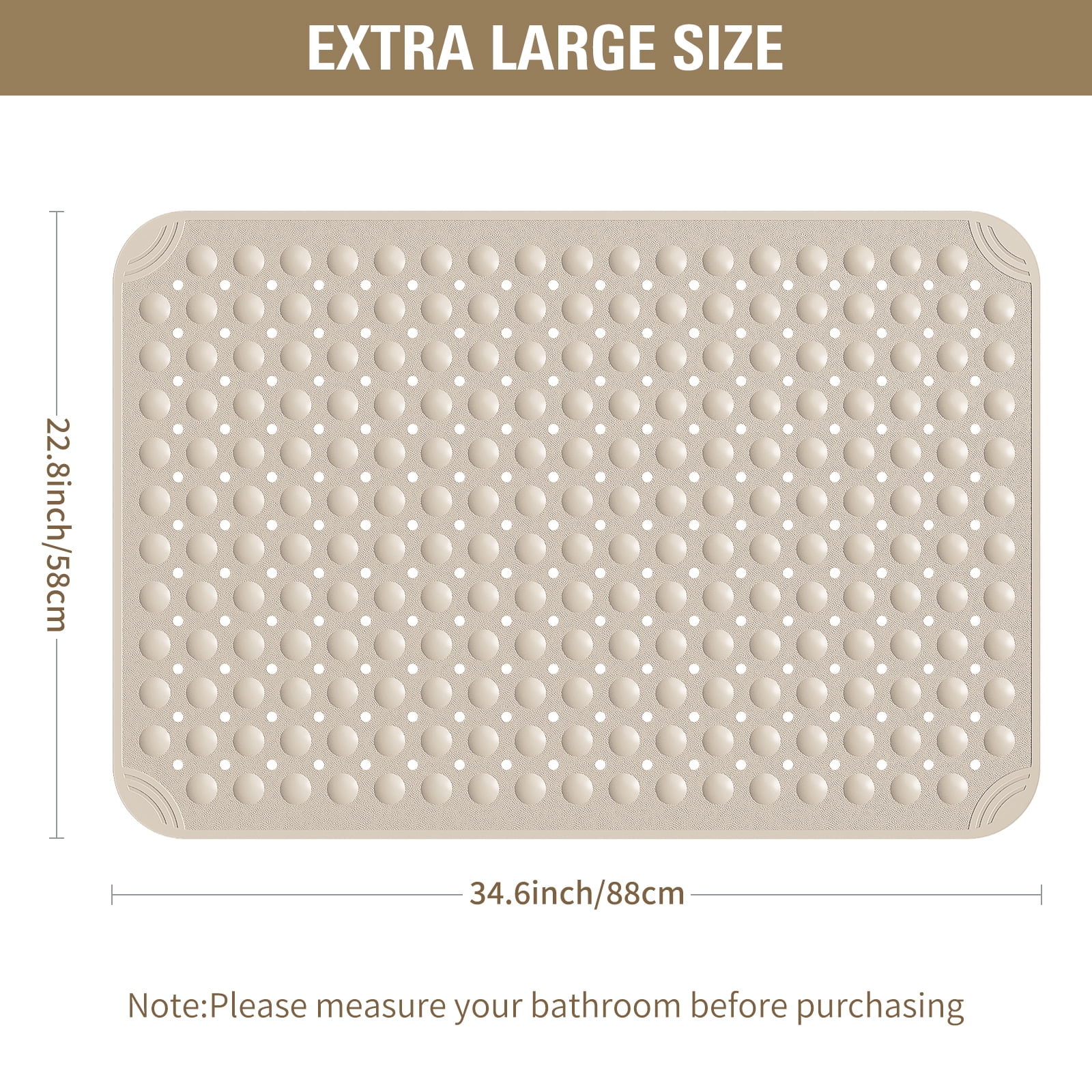 Yolife Shower Mat 22.8"x34.6" - TPE Non-Slip Bath Mat/Suction Cups & Drain Holes, Heavy Duty for Shower Stall, Odor-Free,Beige