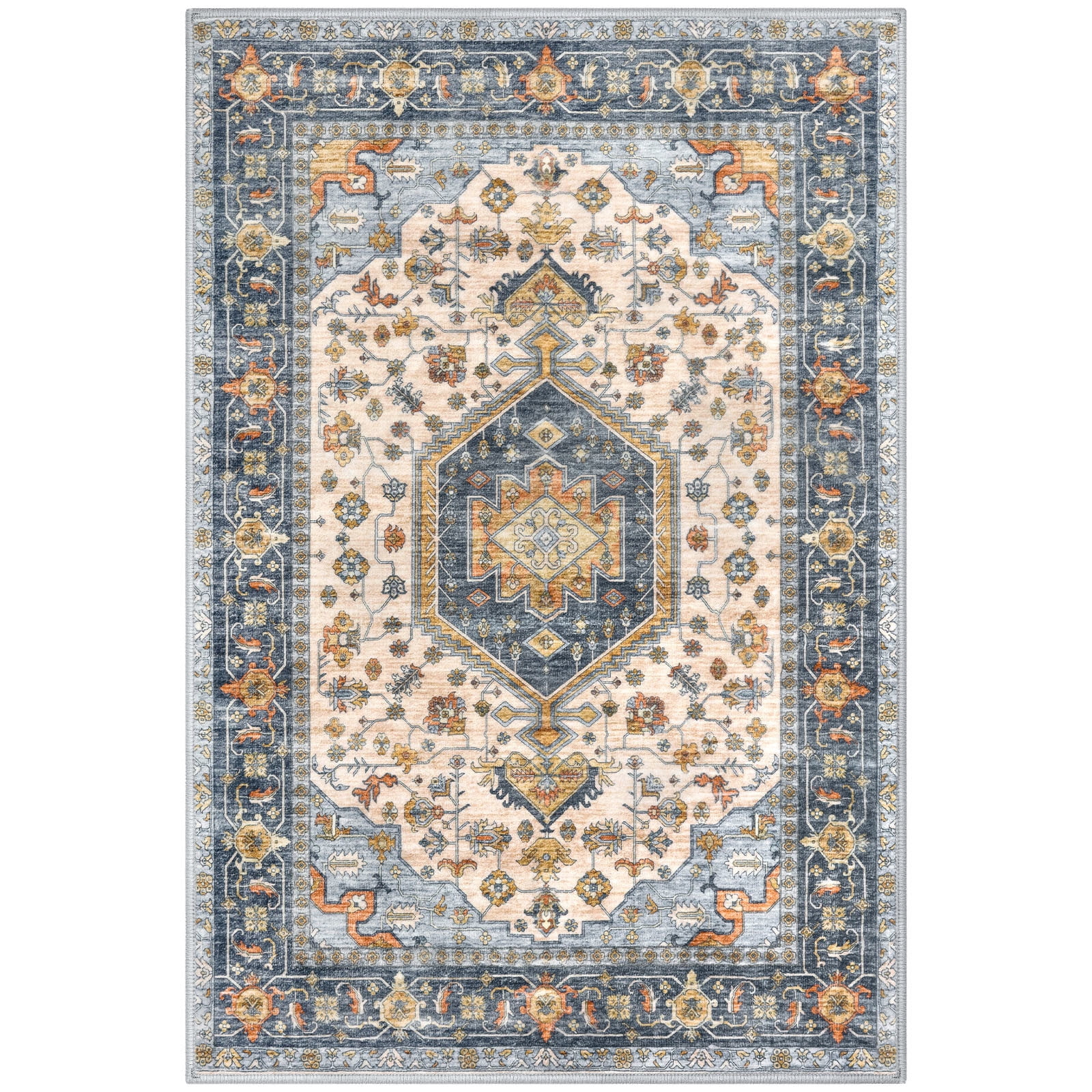 GLATTICE Washable Rugs 3x5 Ivory Blue Area Rugs Vintage Floral Rug for Living Room Non-Slip Kitchen Rugs Soft Printed Distressed Entry Rug Low-Pile Throw Rug Carpet for Entryway Bedroom