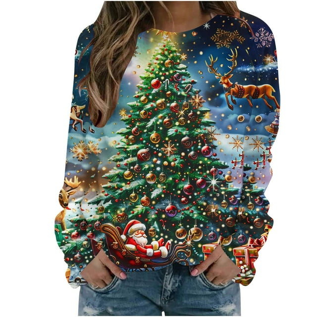 lcziwo Offres Prime Chandail en Molleton de Noël pour Femmes Chandail en Molleton de Noël pour Femmes Chandails en Molleton Imprimés Graphiques Mignons Manches Longues Col Rond Chandail de Vacances 2024 Multicolore,G