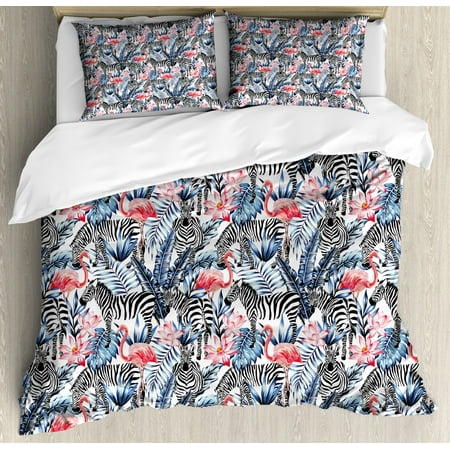 Watercolor Duvet Cover Set Exotic Flamingo Zebras And Flowers