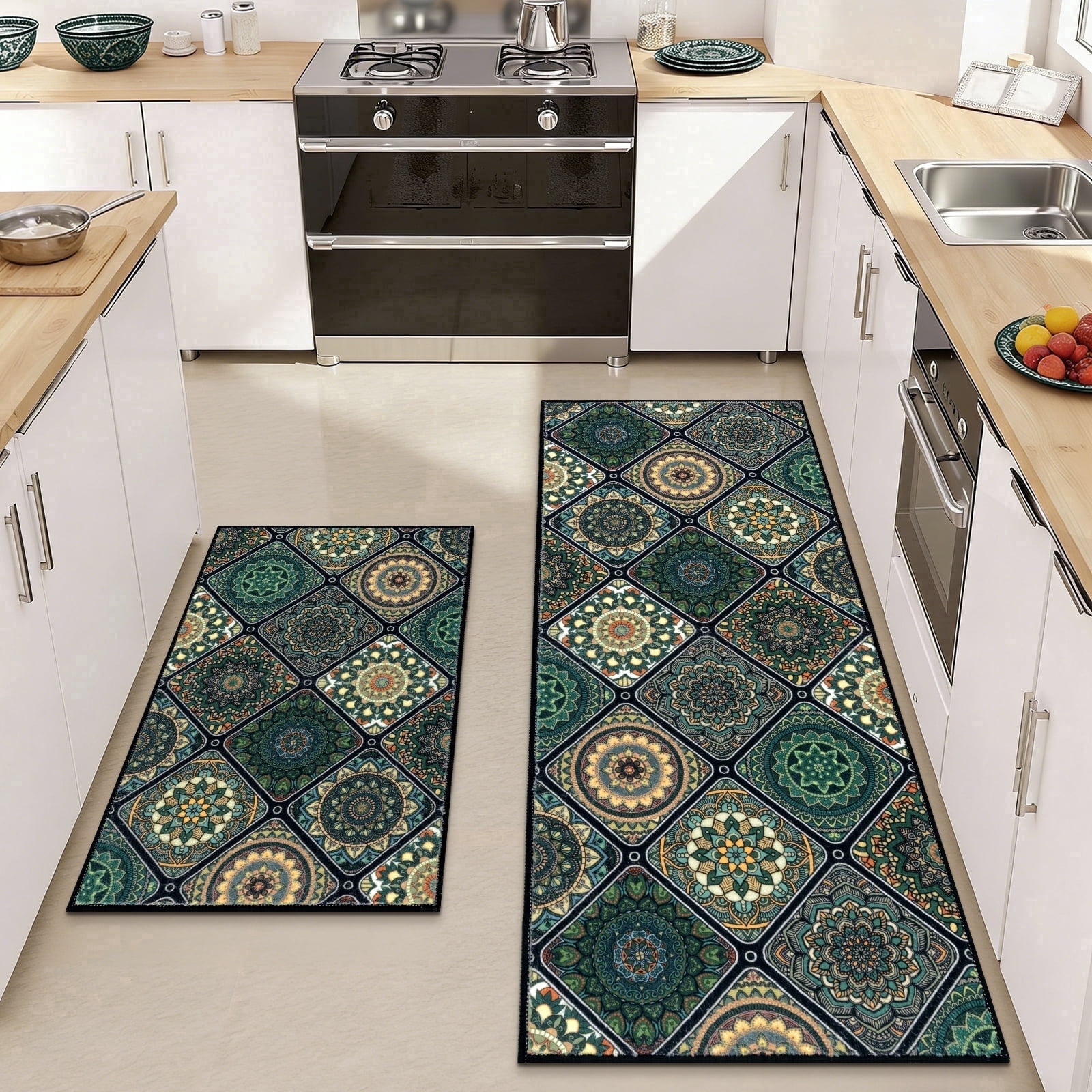 Findosom 2pc Boho Kitchen Rugs and Mats Set, Non Slip Washable Kitchen Runner Rug for Kitchen Floor, Farmhouse Kitchen Decor, Hallway, Entryway, Laundry Room,20"x32"+20"x47" Green