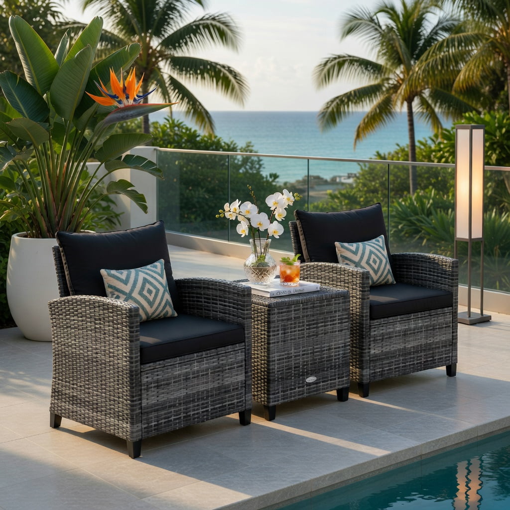Hommoo 3-Piece Modern Outdoor Wicker Conversation Set, Steel Frame, Tempered Glass Table & Weather-Resistant Cushions, Black