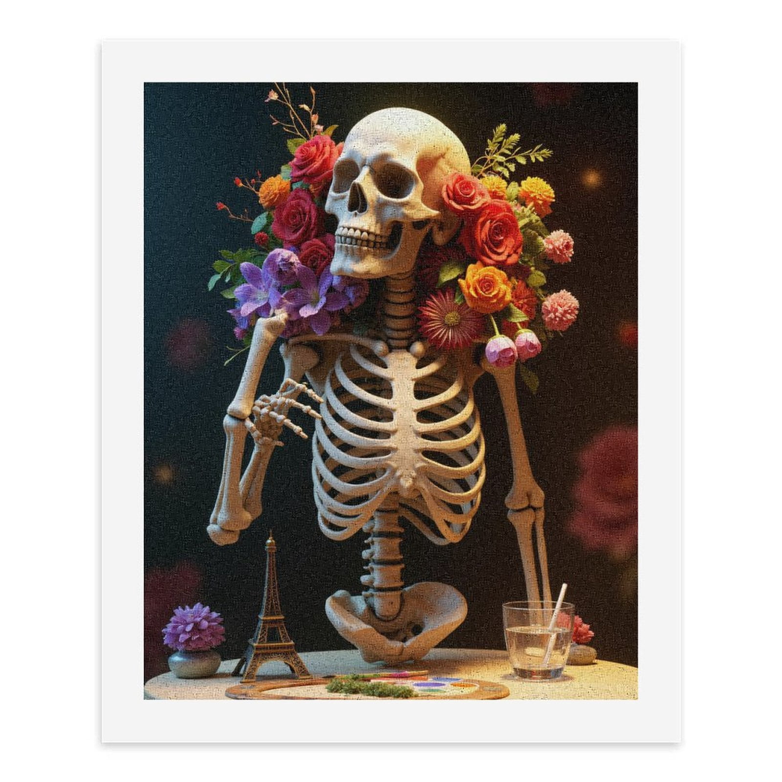 Paint By Numbers Kit for Adults Beginner - Skeleton Floral Arrangement Art Paris Eiffel DIY Canvas Painting Kits for Adults, Frameless Paint By Number for Adults for Home Wall Decor 16x20 Inch