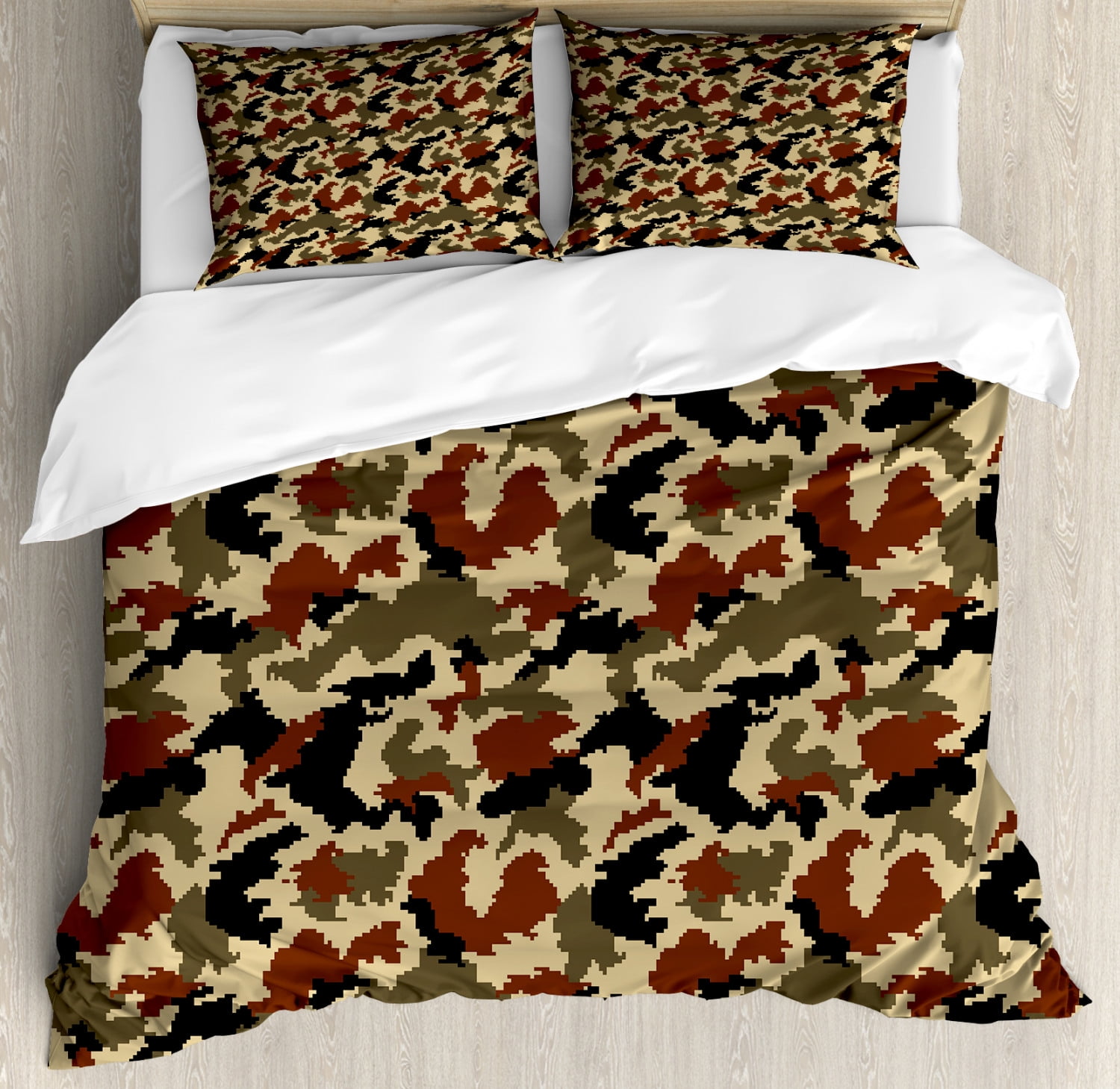 Camouflage Duvet Cover Set Queen Size, Pixel Art Style Blending in