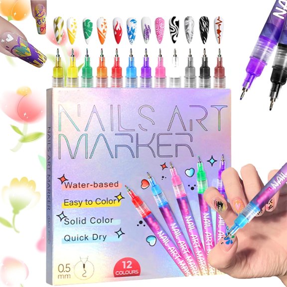 Goalintent 12 Colors Nail Art Pens Set, Nail Polish Markers, 2025 New 3D Polish DIY Nail Art Marker Drawing Painting Liner Pen, Suitable for Nail Arts DIY Enthusiasts (1)