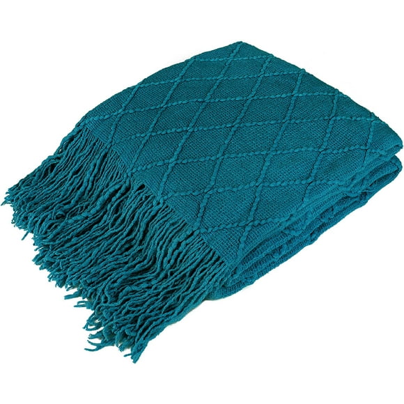Qianli Knitted Throw Blanket Fringe Blush Blue 50x60 | Decorative Tassel Boho Farmhouse Decor Couch Bed Sofa Fall Outdoor | Woven Modern Textured Afghan Soft Lightweight Cozy Warm Acrylic