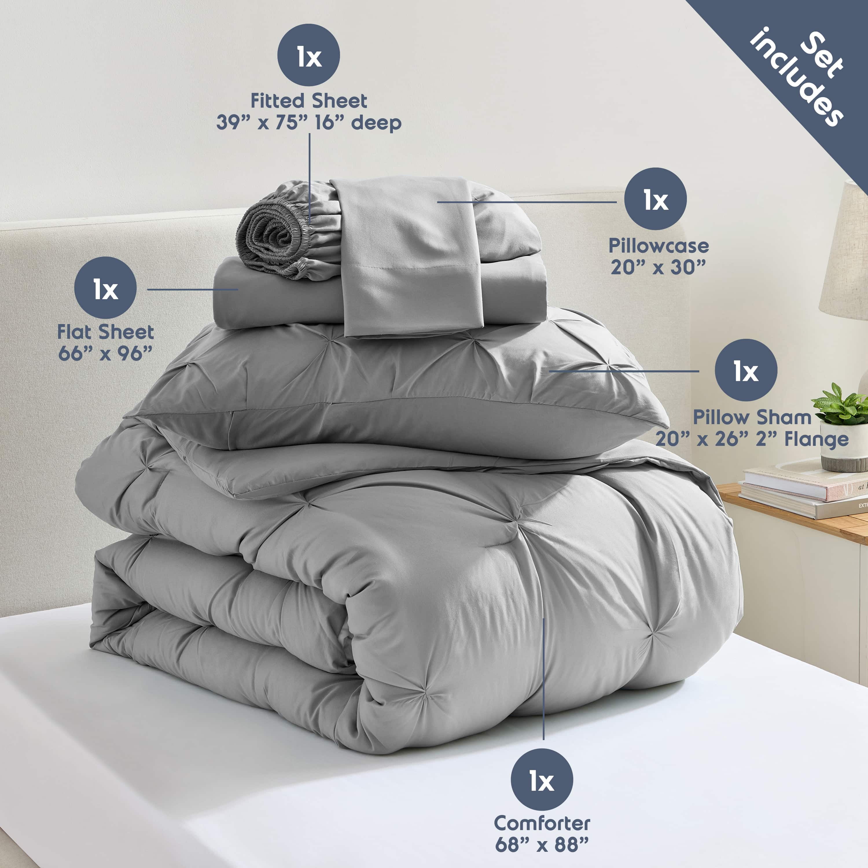 LammaLoe Twin Comforter Sets, 5 Piece Bed In A Bag Pintuck Bedding Sets, Grey