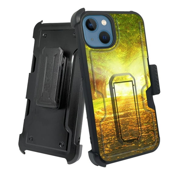 ANJ  Rugged Shockproof Holster Case w/Card Slot, Kickstand   Tempered Glass for iPhone 13 (6.1") - Sunrise Walk