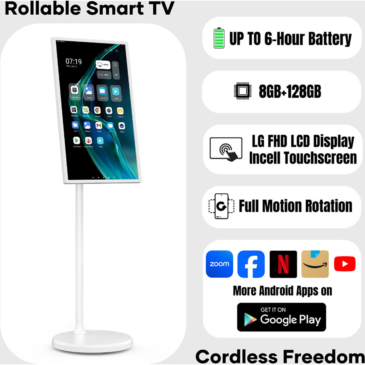 Cozyla 32" 16:9 4K Ultra HD Portable Smart Tablet TV, White