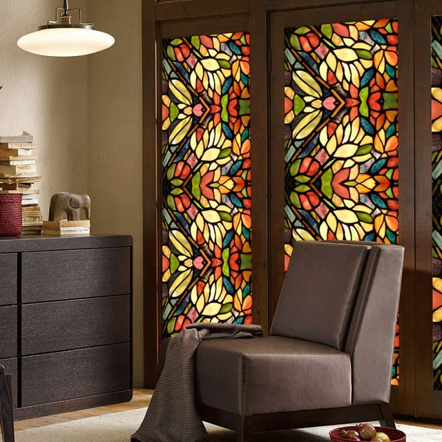 Retro Flower Stained Glass Window Film Removable Bathroom Privacy