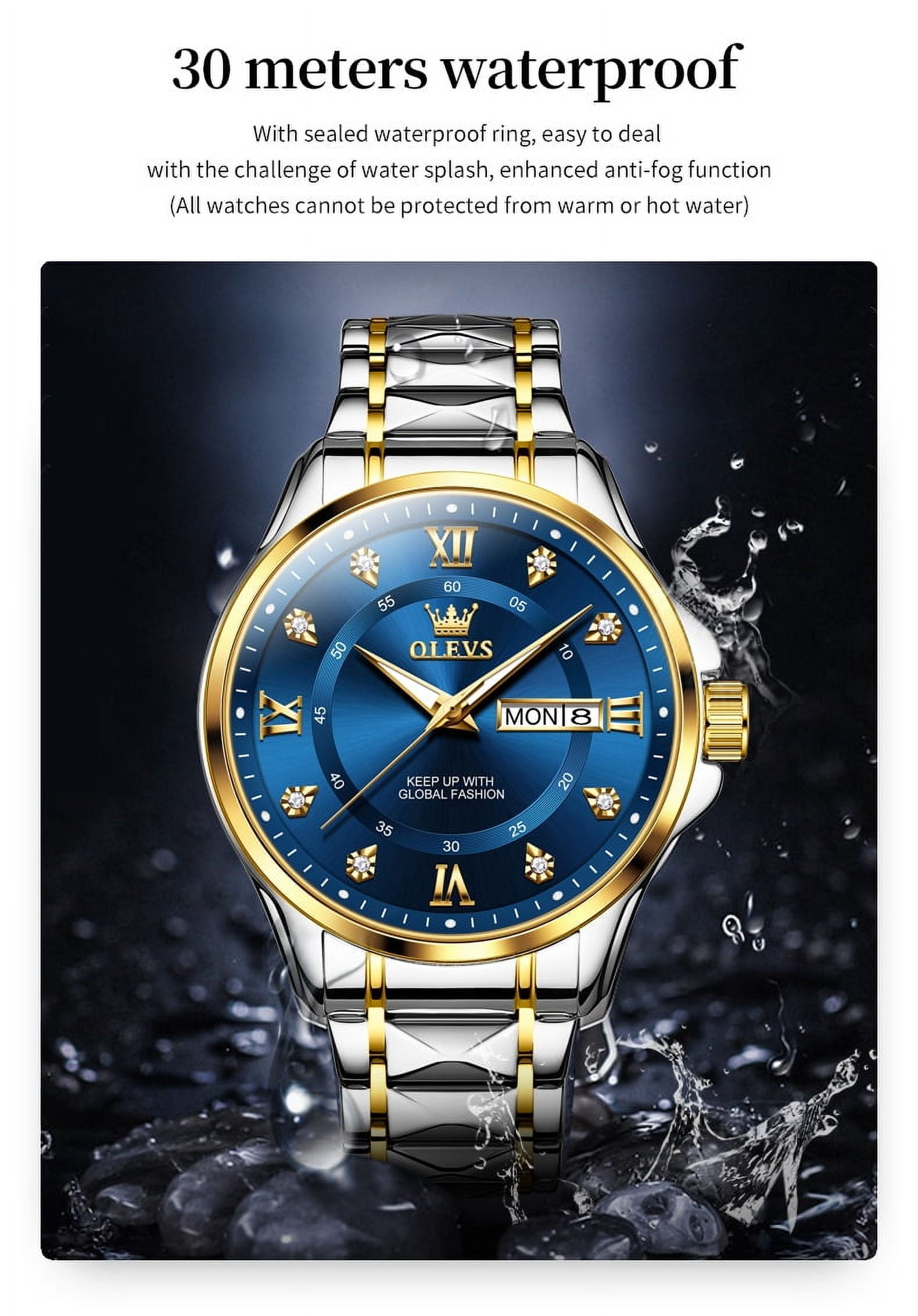 OLEVS Watches for Men Business Dress Diamond Analog Quartz Date Luxury Classic Casual Stainless Steel Waterproof Luminous Mens Wrist Watches Gifts Reloj para Hombre Blue/Gold/Black Dial
