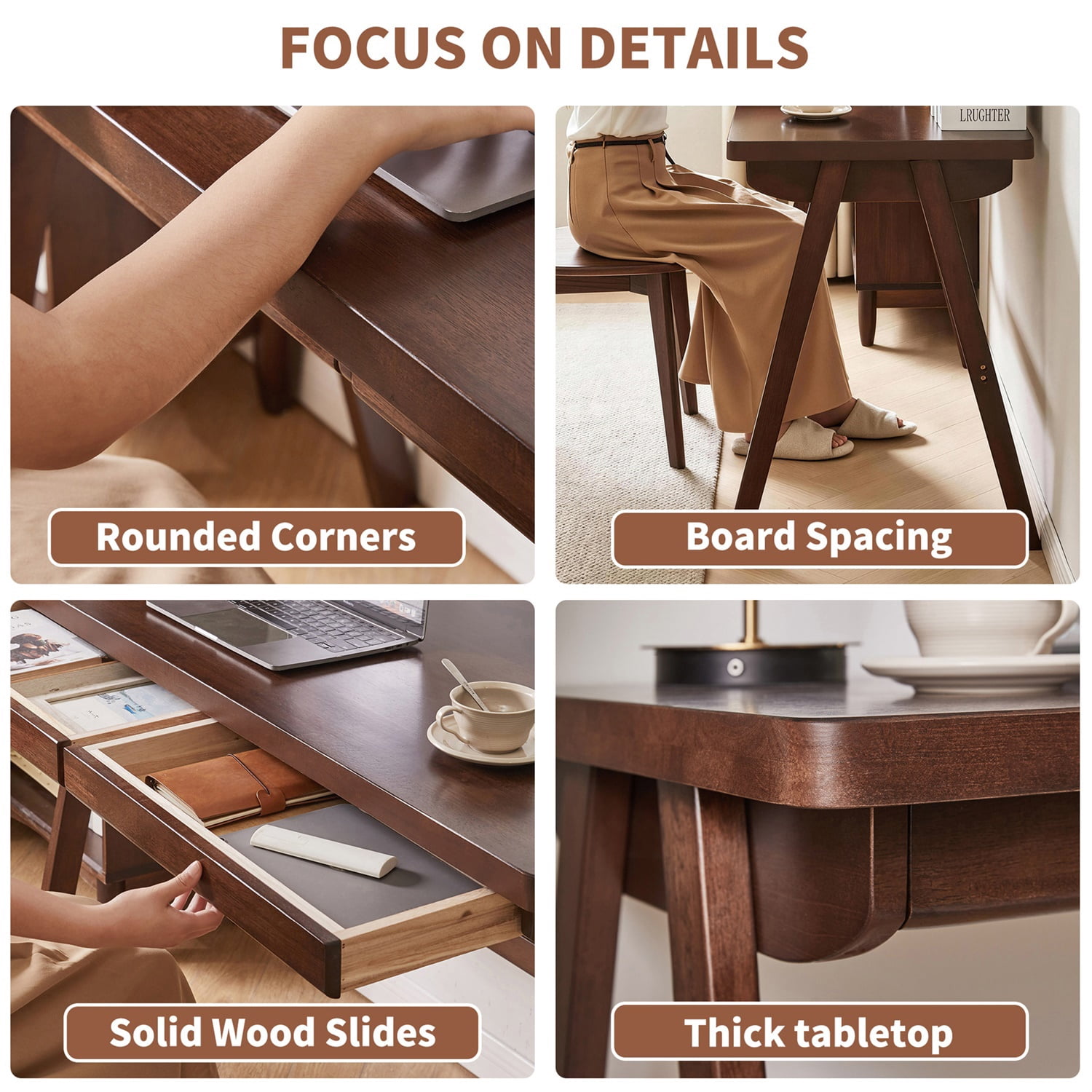 Hommoo Solid Rubberwood Computer Desk with Drawer, Extra-Thick 1.38" Tabletop, A-Frame Study Desk for Home Office, Kids Learning & Drawing, Walnut