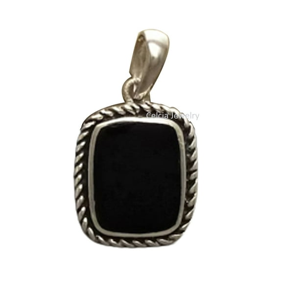 Pure 925 Sterling Silver Pendant For Men Women, Genuine Black Onyx Flat Cushion Cut Gemstone Amazing Handcrafted Jewelry For Her Him