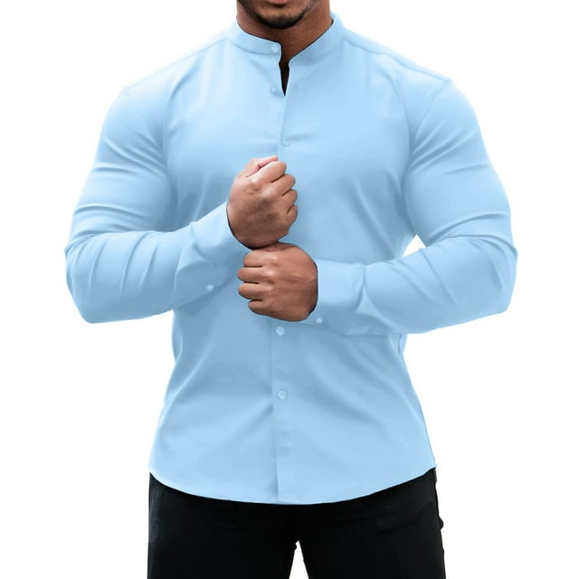 Camisas Hombre Vestir Camisas de vestir para hombre Camisa con botones casual de manga larga y manga corta con cuello entallado (Blue, S)