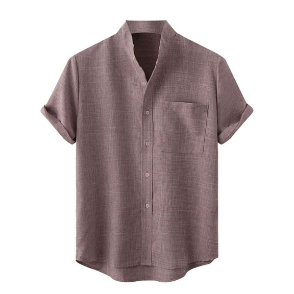 QUINDOS Short Sleeve Mens Hawaiian Shirt Cotton Casual Summer Button up Shirts Pocket Vacation Solid Beach Loose Fit Shirts