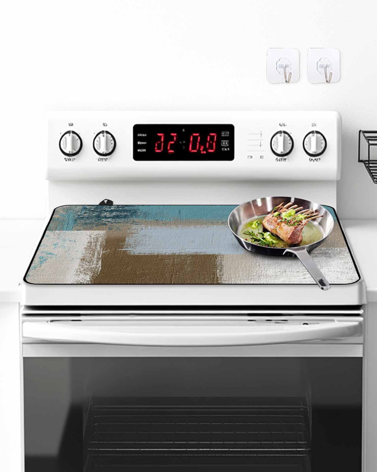 Stove Top Covers for Electric Stove, Teal Blue Glass Stovetop Cover Protector, Brown White Minimalist Retro Smear Ombre Art Induction Cooktop Protector Oven Mat for Kitchen Countertop 31"x24"