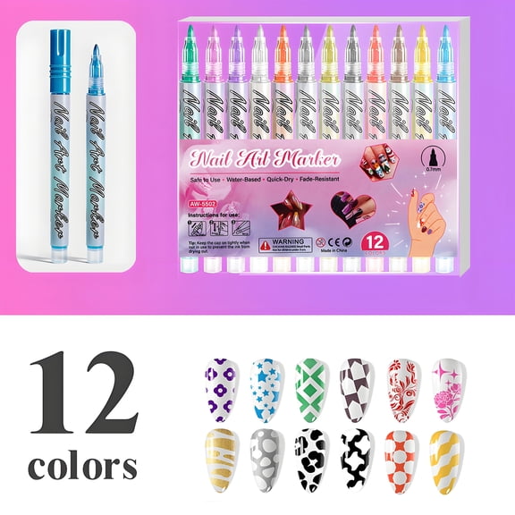 RAGUPEL 12Pcs Nail Art Pens Set for Painting Nails 0.7mm Tip for Even Color Application Nail Art Pen Waterproof Peel-Proof and Fade-Proof Nail Art Markers Colors