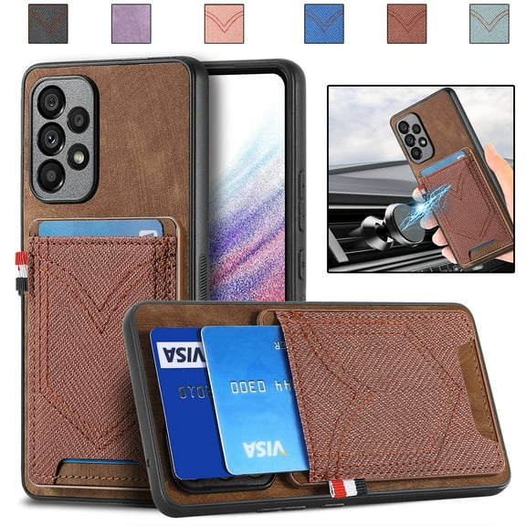 Nalacover Case for Samsung Galaxy A53 5G Back Card Slots Wallet Case, Vintage Denim Pattern PU Leather Magnet Car Mount Cover, Full Edge Protection Anti-Drop Shockproof Case,Brown