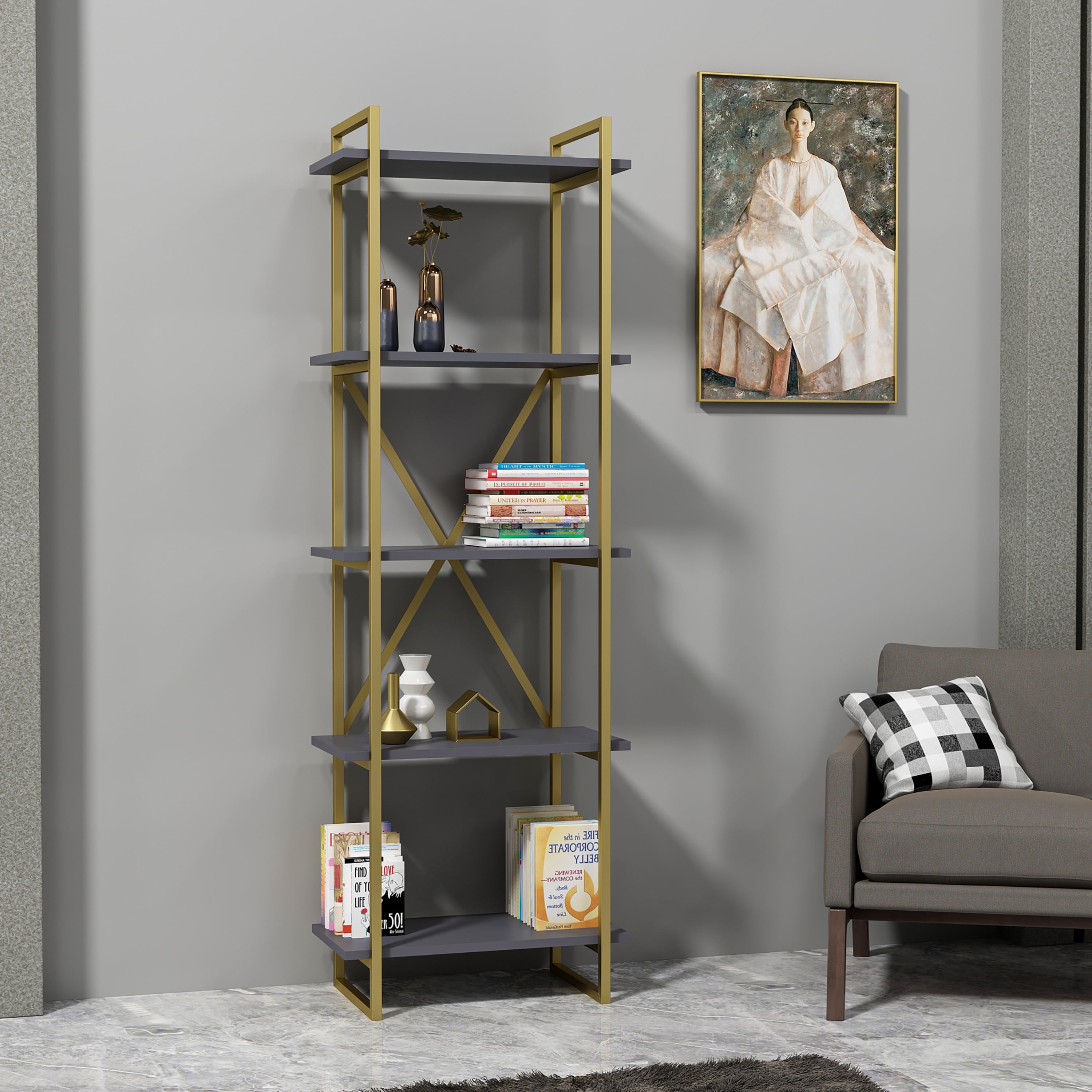Ada Home Décor Elston 4 Tier Shelf Bookcase, Gold/Anthracite
