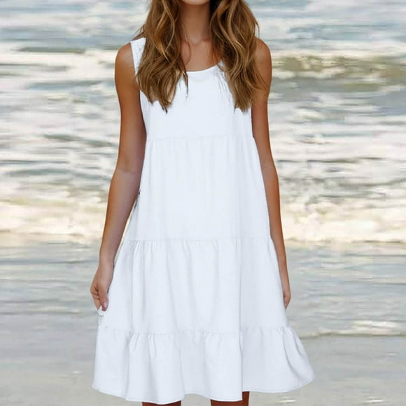 fartey Casual Dress for Women Summer Solid Scoop Neck Tiered Loose Tank Dresses Sleeveless A-Line Comfy Midi Beach Dress