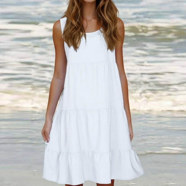 fartey Robe Décontractée pour Femmes Été Unie Col Rond à Étages Ample Robe Débardeur Sans Manches Ligne A Confortable Midi Robe de Plage
