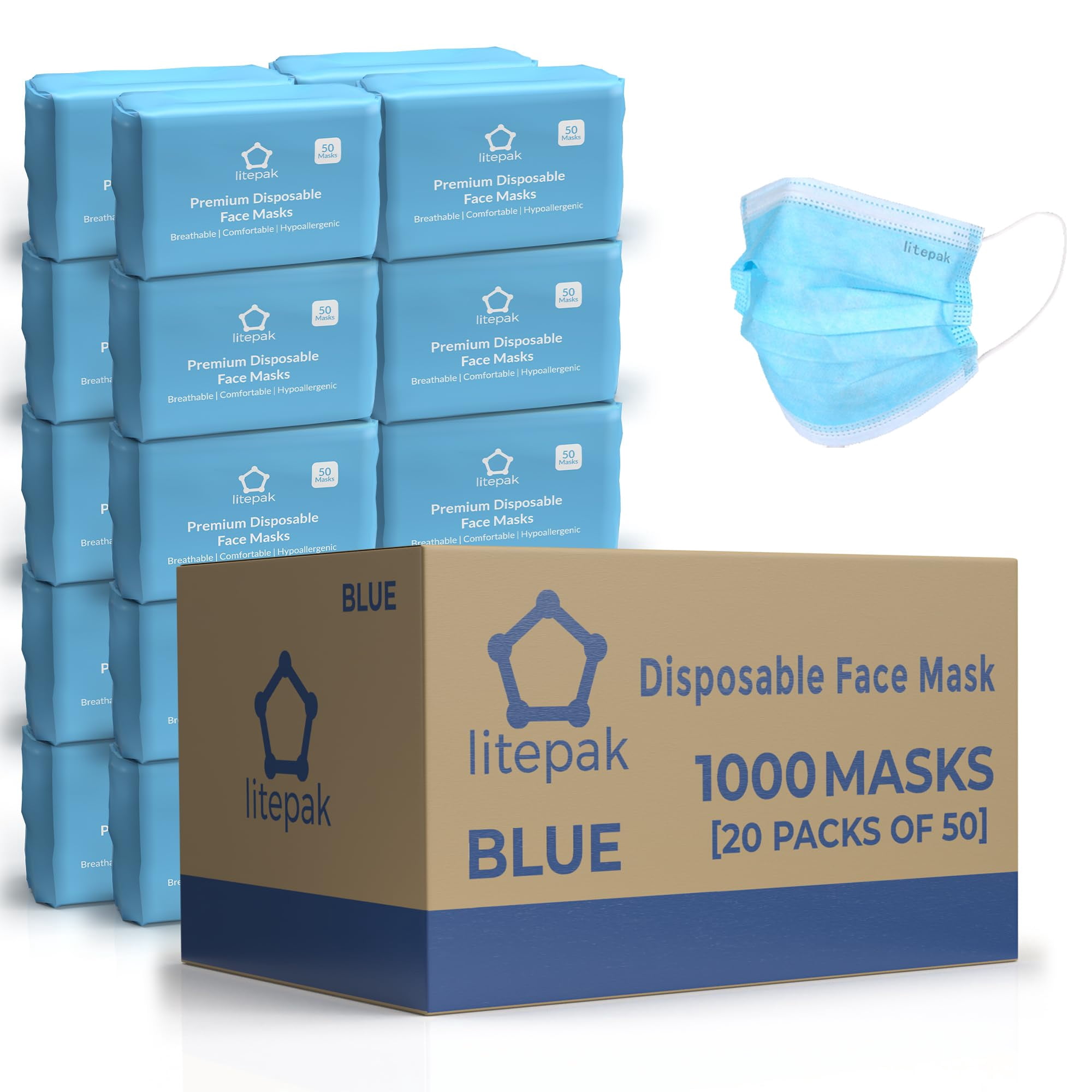 Disposable Protective Face Masks 1000 Pieces, Home Office Essential Breathable Material, Blue