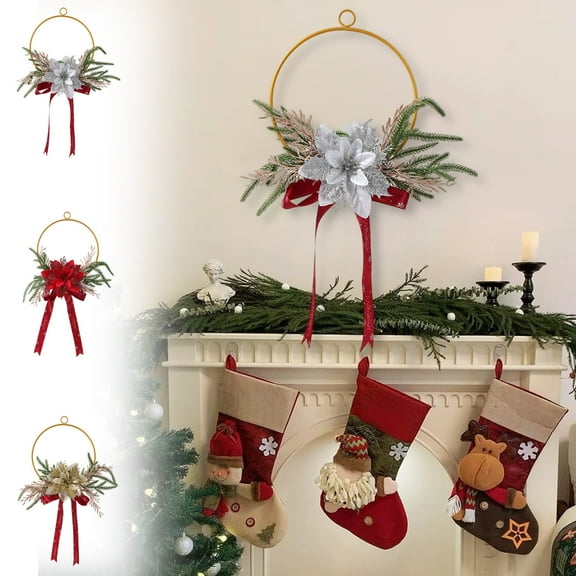 Leodye 1 Pcs 17.32 x 11.81 in Christmas Wreath Mini Cabinet Wreaths for Kitchen Christmas Bow Farmhouse Wreath for Holiday Xmas Party Decorations