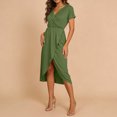 thumbnail image 5 of JSheng Summer Dresses for Women Trendy Solid Color Elegant V-Neck Short-Sleeve Maxi Dress With High Slit Army Green L, 5 of 5