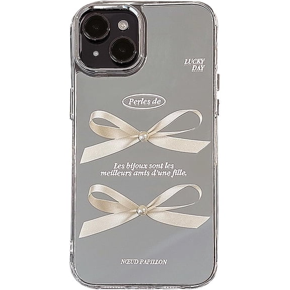 Compatible for iPhone 14 Case Mirror Bow 3D Pearl Plating for Women Girls Fashion Slim Hard Back Soft Bumper Protective Cover for iPhone 14-Bow