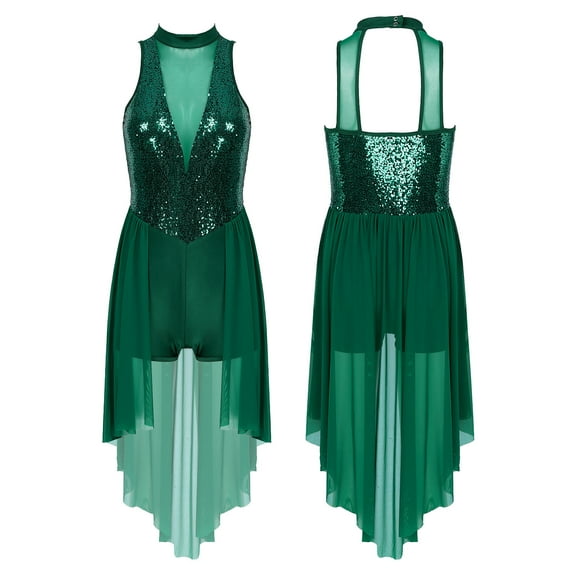 Aiihoo Shiny Sequins Lyrical Dance Dress Modern Contemporary High-Low Skirted Leotard Dancewear for Women Green XL