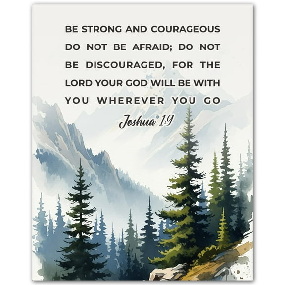 Courageous Faith with Mountain View - Bible Verse Wall Art Poster  Christian Print with Scripture Quote - Inspirational Religious Decor for Office Bedroom Classroom - Faith-Based