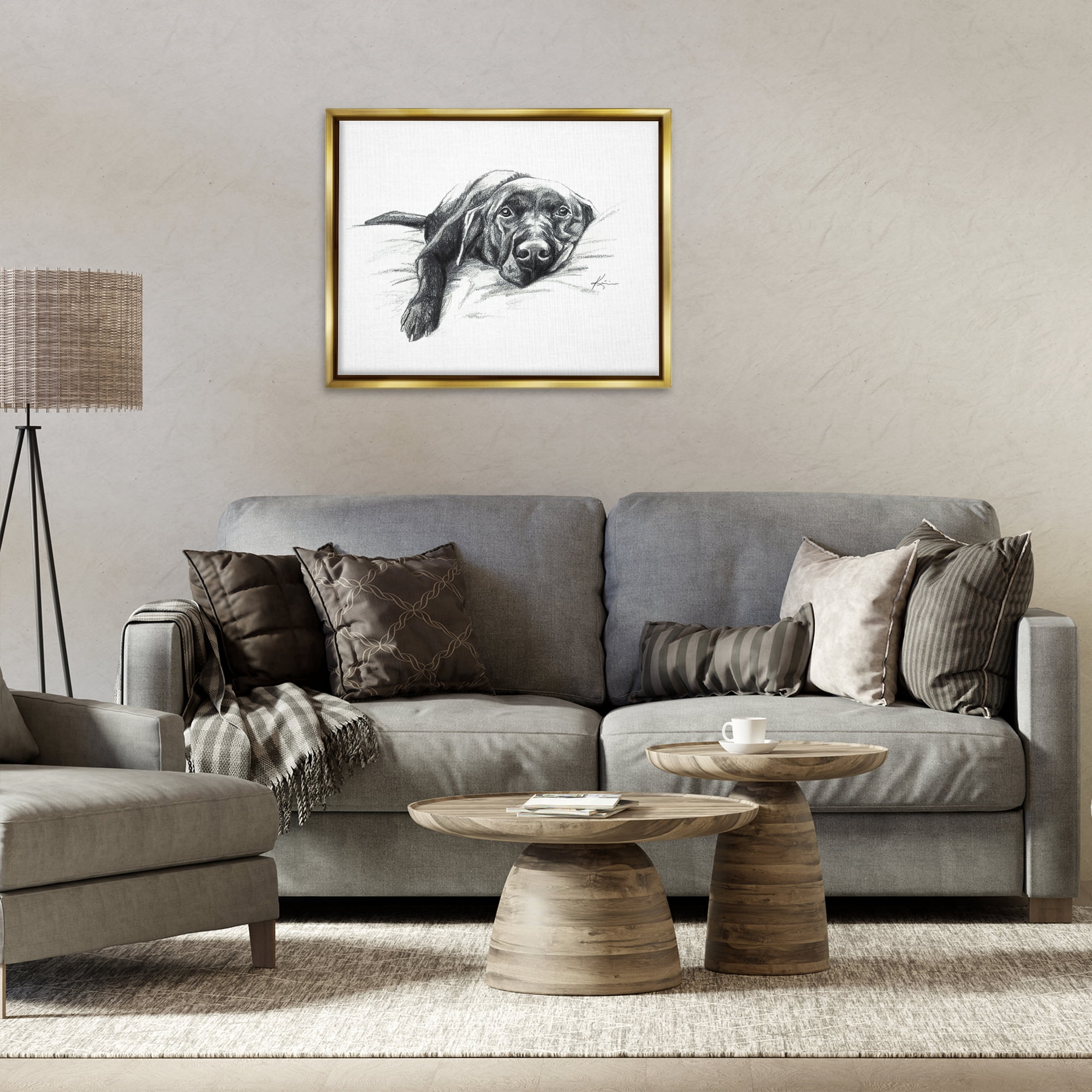 Stupell Industries Naptime Black Labrador Animals Drawing Gold Floater Framed Canvas Art Print Wall Art, 31 x 25