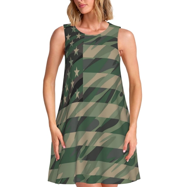 Balery Jungle Green Camo USA Flag Vestidos de verano para mujer con estampado: vestido holgado sin mangas, vestido playero informal y cómodo para días calurosos.