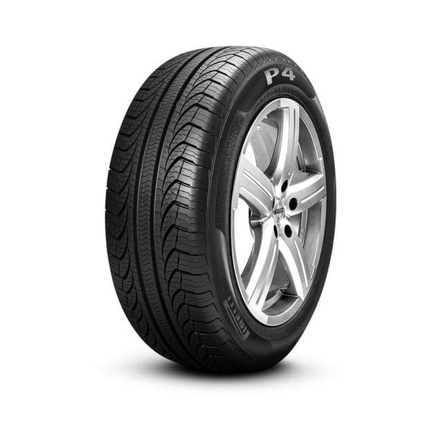 llanta 215/60 r16 95t pirelli p4 four season plus llanta Pirelli P4 Four Seasons Plus 215/60 R16, índice de carga 95 y velocidad T; vista 3/4 frontal mostrando dibujo asimétrico de la banda, canales circumferenciales y marcado P4 en el flanco; imagen ilustrativa sin rin incluido, adecuada para turismo, coupés, sedanes y minivans.