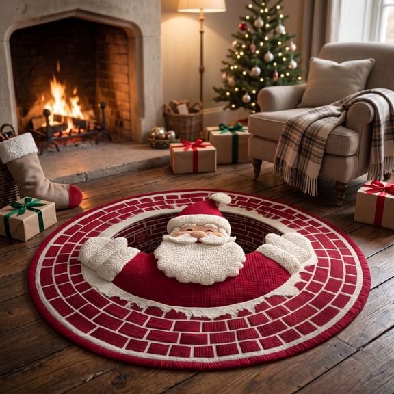 Santa Claus Round Christmas Rug, 32" x 32" Optical Brick Fireplace Hole Design Holiday Decorative Area Carpet, Rubber Backing, Soft Warm Fabric for Living Room
