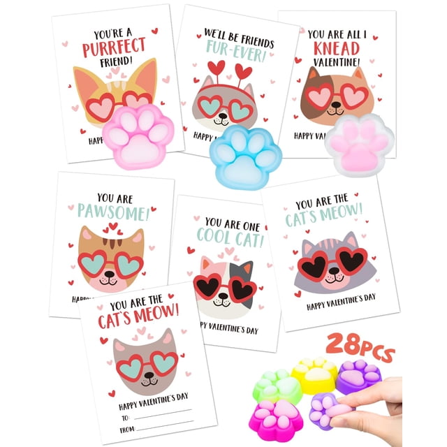 Tarjetas de San Valentín con forma de pata de gato Squishy, 28 paquetes para el aula de niños