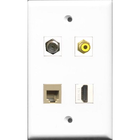 RiteAV 1 Port HDMI and 1 Port RCA Yellow and 1 Port Coax Cable TV- F-Type and 1 Port Phone RJ11 RJ12 Beige Wall Plate