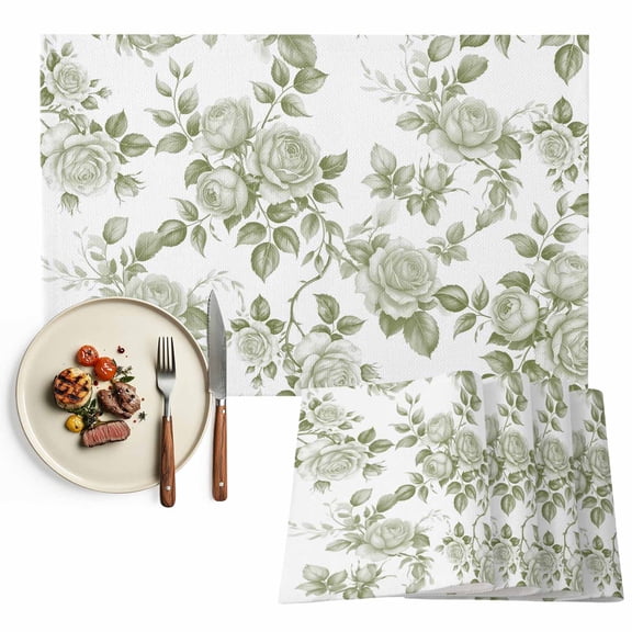 Placemats Set of 6, Sage Green Rose Place Mats Leaf Floral Vintage Style Tablemats Washable Placemat Table Decoration for Kitchen Table Dinner Party Home Decor Indoor Outdoor 13x19 Inch